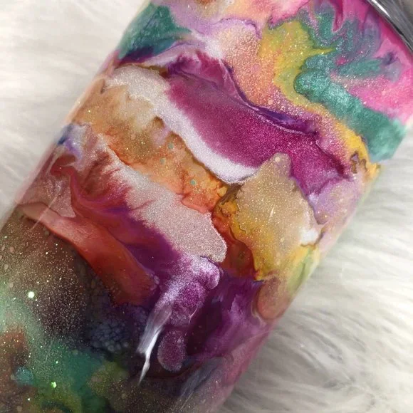 20 Ounce Tumbler Hand-Painted Pinks Pearl Teal Yellow Lid And Straw - Picture 6 of 16